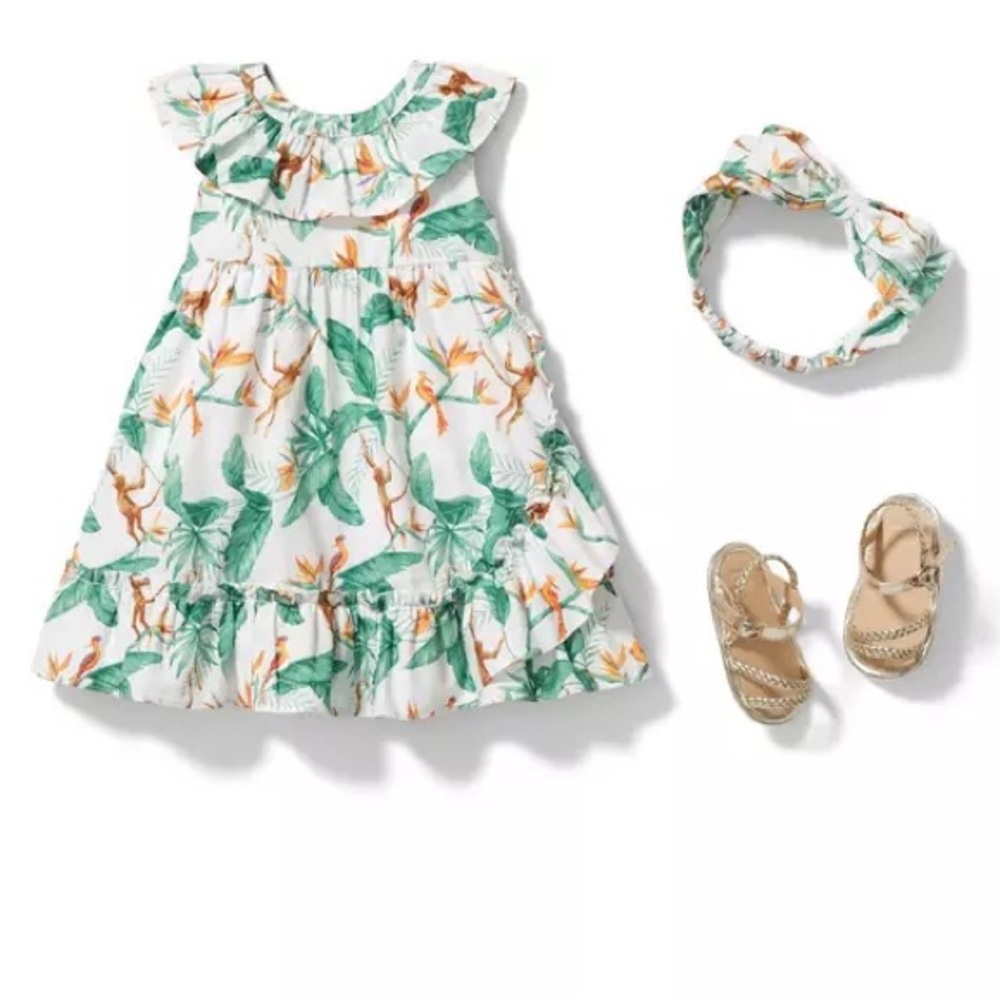 Tropical Leaf Ruffle Dress with Headband - Green Floral Kids Dress